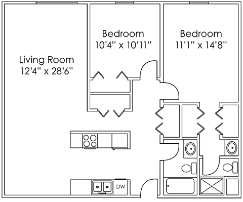 Floor plan for 2 beds, 2 baths, 1010 sqft
